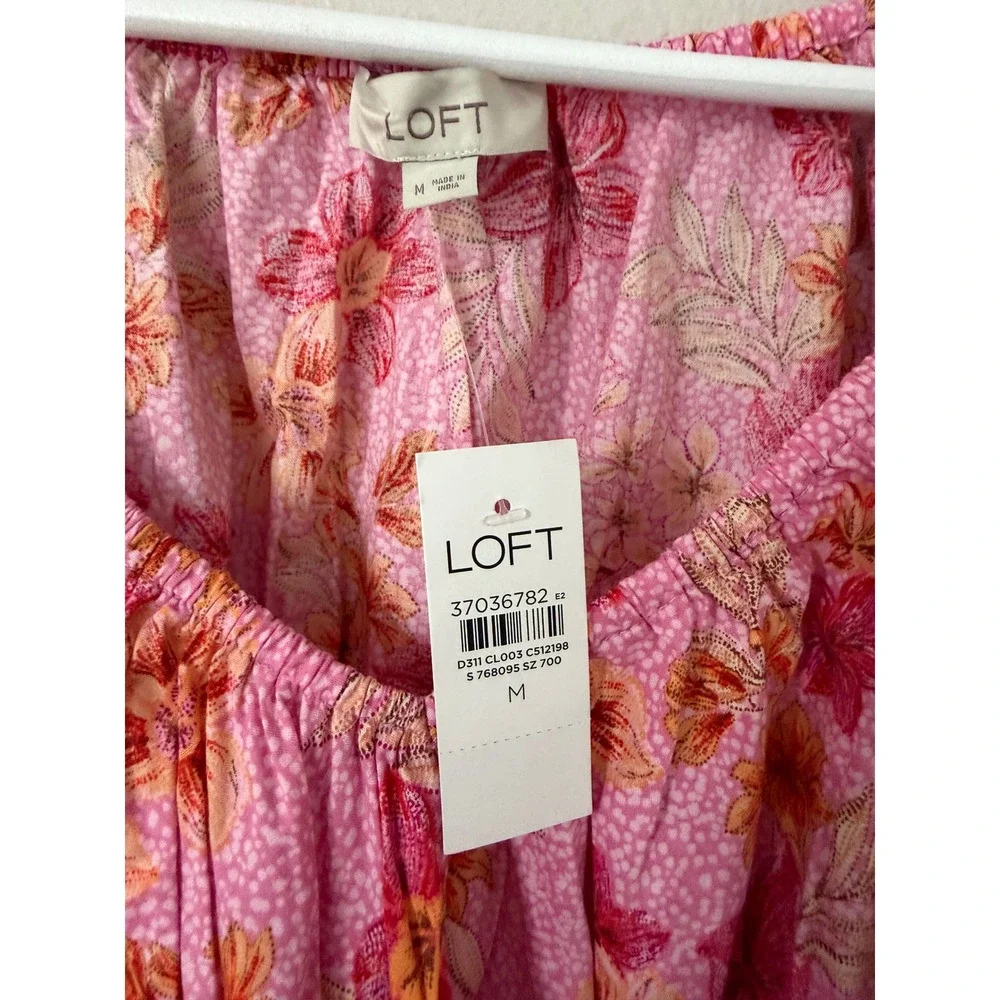 LOFT Pink Floral Smocked Waist Puff Sleeve Blouse Top Medium NWT 37036782
